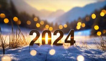 ai gegenereerd de figuren voor de jaar 2024 staan in een winters besneeuwd landschap foto