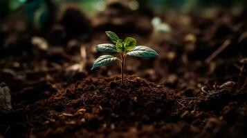 ai gegenereerd een jong plant, een spruit groeit van fabriek bodem en ziet de licht van dag foto