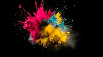 ai gegenereerd kleurrijk stof explosie in de cmyk kleuren in voorkant van zwart achtergrond foto