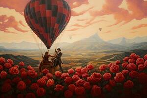 ai gegenereerd paar in heet lucht ballon met rood rozen Aan de achtergrond van bergen, een paar drijvend in een heet lucht ballon over- een vallei van rozen, ai gegenereerd foto