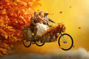 ai gegenereerd elegant senior paar rijden een driewieler in herfst- park, een paar Aan een tandem fiets voorbijgaan door kleurrijk herfst gebladerte, ai gegenereerd foto