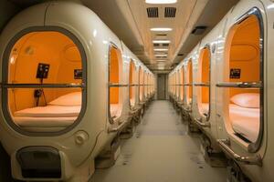 ai gegenereerd interieur van een vliegtuig met rijen van stoelen in een rij, een compact, ruimtebesparend capsule hotel in Tokio, ai gegenereerd foto