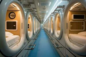 ai gegenereerd interieur van een reis schip met wit hutten en een bed, een compact, ruimtebesparend capsule hotel in Tokio, ai gegenereerd foto