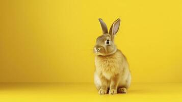 ai gegenereerd klein schattig konijn zittend Aan geïsoleerd geel achtergrond foto