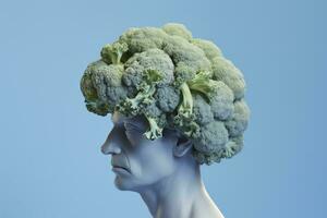 ai gegenereerd menselijk hoofd net zo broccoli groente pastel blauw achtergrond foto