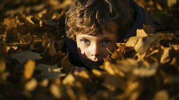 ai gegenereerd weinig jongen Hoes in herfst bladeren en schaduwen foto