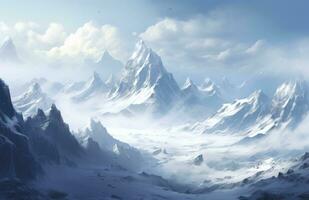 ai gegenereerd majestueus berg pieken met met sneeuw bedekt Aan een Doorzichtig dag foto