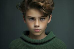 ai gegenereerd portret van een schattig weinig jongen in groen trui Aan groen achtergrond foto