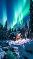 ai gegenereerd Aurora lichten over- besneeuwd cabine terugtrekken foto