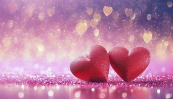 ai gegenereerd sprankelend liefde. twee harten Aan een roze glitterachtig oppervlak, schijnend in een stralend achtergrond een perfect concept voor Valentijnsdag dag. foto