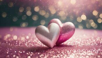 ai gegenereerd twee harten Aan roze schitteren in een glimmend achtergrond. Valentijnsdag dag concept. foto