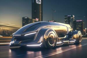 ai gegenereerd 23e eeuw futuristische vrachtauto met hyper modern drijfveer, breed hoek lens, en futuristische wolkenkrabber in de achtergrond. ai generatief foto