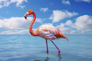 ai gegenereerd roze flamingo in de water. ai gegenereerd foto