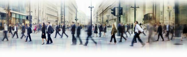 ai gegenereerd wandelen mensen vervagen. veel van mensen wandelen in de stad van Londen. breed panoramisch visie van mensen kruispunt de weg. ai gegenereerd foto