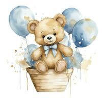 ai gegenereerd een waterverf baby teddy beer is zittend in de mand met blauw en goud ballonnen. ai gegenereerd foto