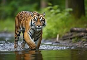 ai gegenereerd amur tijger wandelen in de water. gevaarlijk dier. dier in een groen Woud stroom. generatief ai foto