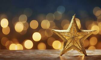 ai gegenereerd sprankelend gouden Kerstmis ster. ornament decoratie onscherp bokeh achtergrond. ai gegenereerd foto