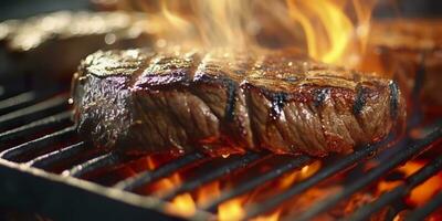 ai gegenereerd rundvlees biefstuk steak grillen Aan een vlammend grillen. generatief ai foto