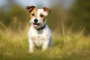 ai gegenereerd gelukkig jack Russell terriër huisdier hond aan het wachten, luisteren in de gras. ai gegenereerd foto