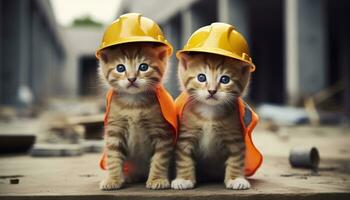 ai gegenereerd twee kittens vervelend moeilijk hoeden Aan een bouw plaats. generatief ai foto