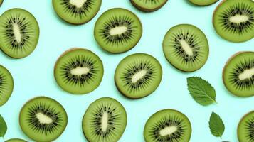 ai gegenereerd plakjes van kiwi fruit en groen munt bladeren Aan een licht pastel blauw achtergrond. ai gegenereerd foto