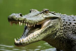 ai gegenereerd krokodil met haar mond breed Open met een groen meer in de groen achtergrond. ai gegenereerd foto
