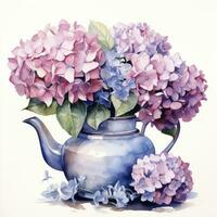 ai gegenereerd waterverf hortensia's in theepot geïsoleerd Aan wit achtergrond. ai gegenereerd foto