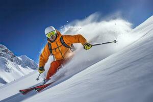 ai gegenereerd skiër skiën Aan berg helling. ai gegenereerd foto