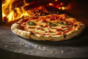 ai gegenereerd vers gebakken pizza detailopname, traditioneel hout ontslagen oven achtergrond. ai gegenereerd foto