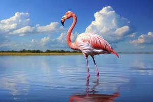 ai gegenereerd roze flamingo in de water. ai gegenereerd foto