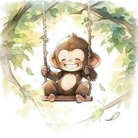 ai gegenereerd schattig gelukkig baby aap Aan schommels Aan een boom in waterverf. ai gegenereerd foto