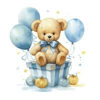 ai gegenereerd een waterverf baby teddy beer is zittend in de mand met blauw en goud ballonnen. ai gegenereerd foto