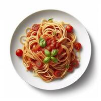 ai gegenereerd heerlijk bord van spaghetti met tomaat saus Aan een wit achtergrond generatief ai foto