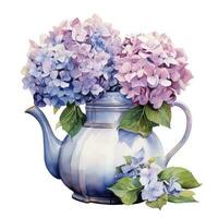 ai gegenereerd waterverf hortensia's in theepot geïsoleerd Aan wit achtergrond. ai gegenereerd foto