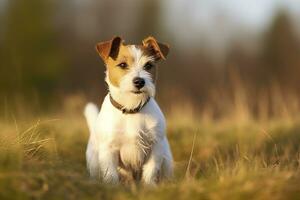 ai gegenereerd gelukkig jack Russell terriër huisdier hond aan het wachten, luisteren in de gras. ai gegenereerd foto