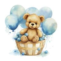 ai gegenereerd een waterverf baby teddy beer is zittend in de mand met blauw en goud ballonnen. ai gegenereerd foto