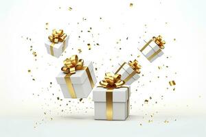 ai gegenereerd vrolijk nieuw jaar en vrolijk Kerstmis 2024 wit geschenk dozen met gouden bogen en goud pailletten confetti Aan wit achtergrond. ai gegenereerd foto