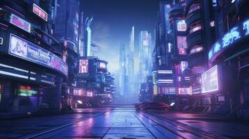 ai gegenereerd een futuristisch, cyberpunk geïnspireerd stadsgezicht Bij nacht. ai gegenereerd foto