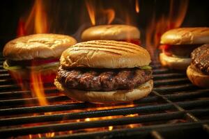 ai gegenereerd hamburgers Aan de grillen. ai gegenereerd foto