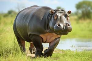 ai gegenereerd nijlpaard wandelen in een groen veld. ai gegenereerd foto