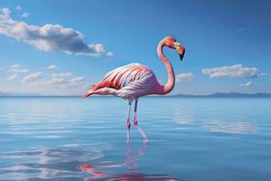 ai gegenereerd roze flamingo in de water. ai gegenereerd foto