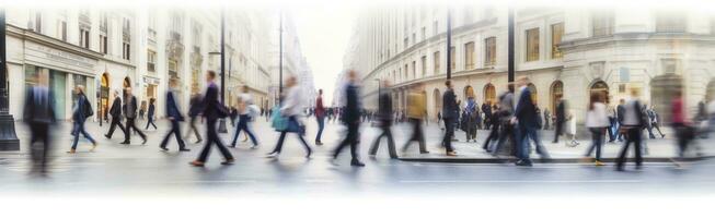 ai gegenereerd wandelen mensen vervagen. veel van mensen wandelen in de stad van Londen. breed panoramisch visie van mensen kruispunt de weg. ai gegenereerd foto