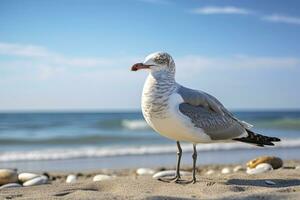 ai gegenereerd zeemeeuw Aan de strand onder blauw lucht. foto