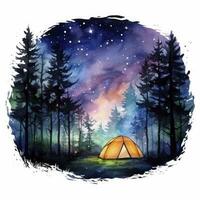 ai gegenereerd een camping tent in de Woud met nacht lucht, waterverf voor t-shirt ontwerp. ai gegenereerd foto