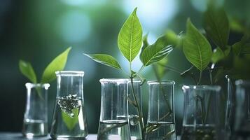 ai gegenereerd biotechnologie concept met groen fabriek bladeren, laboratorium glaswerk, en dirigeren Onderzoek, illustreren de krachtig combinatie van natuur en wetenschap in medisch vorderingen. foto