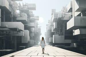 ai gegenereerd vrouw wandelen in futuristische brutalist stad straat. ai gegenereerd. foto