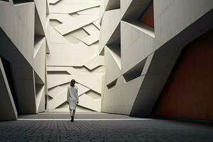 ai gegenereerd vrouw wandelen in futuristische brutalist stad straat. ai gegenereerd. foto