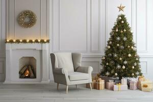 ai gegenereerd modern leven kamer met haard, Kerstmis boom, geschenk dozen en fauteuil. ai gegenereerd foto