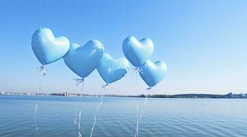 ai gegenereerd blauw harten van valentijnsdag Aan de water tegen lucht achtergrond foto