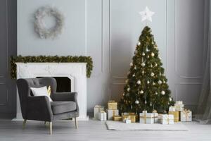 ai gegenereerd modern leven kamer met haard, Kerstmis boom, geschenk dozen en fauteuil. ai gegenereerd foto